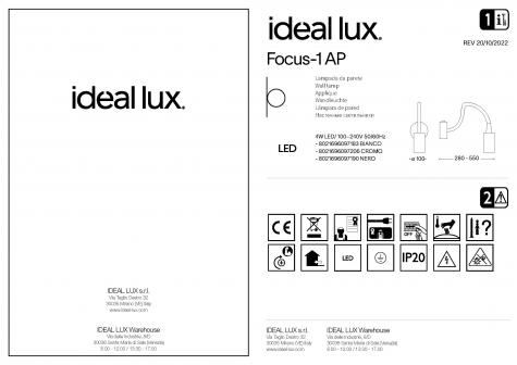 Светильник настенный Ideal Lux Focus-1 AP 4Вт 210Лм 3000К LED 230В Белый Металл/Резина Выкл. 097183
