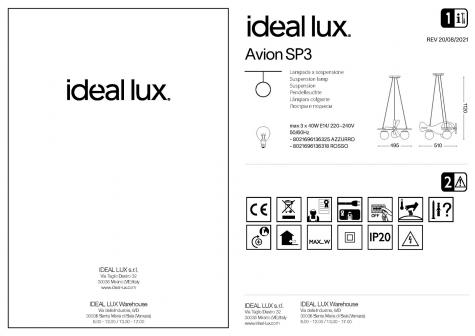 Светильник подвесной Ideal Lux Avion SP3 макс3x40Вт Е14 230В Синий/Белый ДеревоСтекло БезЛамп 136325