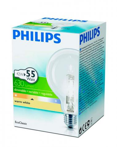 Лампа галогенная Philips EcoClassic30 Шар G95 42Вт 630Лм Е27 Прозрачная H148мм Димм 921007