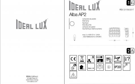 Светильник настенный Ideal lux Alba AP2 макс.2x40Вт Е14 IP20 230В Металл/Стекло Хром Без ламп 020372
