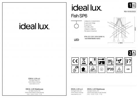 Светильник подвесной ideal lux Fish SP6 37Вт 2800Лм 3000К IP20 LED 230В Черный/Опал Металл 196992