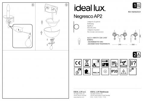Светильник настенный ideal lux Negresco AP2 макс.2x40Вт IP20 E14 230В Прозрачный Хрусталь 141046