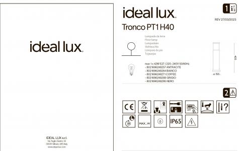 Светильник садово-парковый ideal lux Tronco PT1 H40 макс.1х42Вт IP65 Е27 230В Черный Алюминий 248295