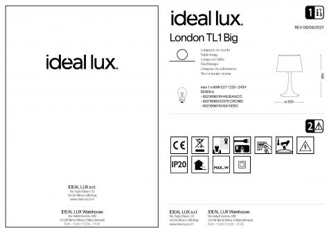 Светильник настольный ideal lux London TL1 Big макс.60Вт Е27 230В Белый Металл/Ткань Без ламп 110448