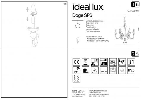 Светильник подвесной ideal lux Doge SP6 макс.6x40Вт IP20 E14 230В Белый/Хром Стекло Без ламп 113678