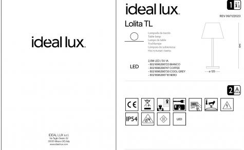 Светильник настольный уличный ideal lux Lolita TL 2.8Вт 250Лм 3000К IP54 LED БелыйАккумулятор 286723