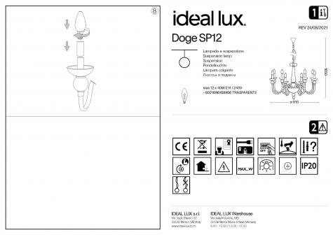 Светильник подвесной Ideal Lux Doge SP12 D91 макс.12x40Вт Е14 IP20 230В Прозрачный/Хром 168906