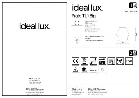 Светильник настольный Ideal Lux Prato TL1 Big H24 макс.60Вт Е27 230В БелыйСтекло Выкл БезЛамп 074702