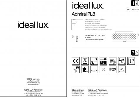 Светильник потолочный ideal lux Admiral PL8 макс.8х40Вт G9 230В Хром/Прозрачн Металл/Хрусталь 080352