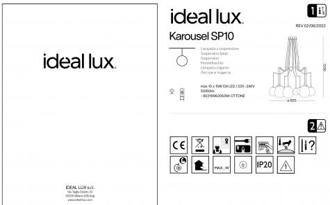 Светильник подвесной ideal lux Karousel SP10 макс.10x15Вт G9 230В Латунь/Белый Металл/Стекло 206394