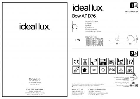 Подсветка для зеркала Ideal Lux Bow AP L76см 8Вт 860Лм 3000К IP20 LED 230В Латунь Выкл. 121130
