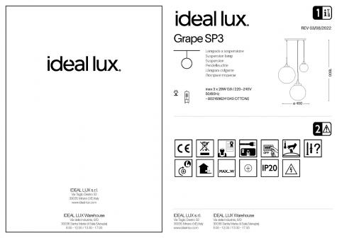 Светильник подвесной ideal lux Grape SP3 макс.3x28Вт IP20 G9 230В Белый/Латунь Стекло/Металл 241340