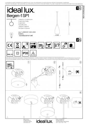 Светильник подвесной ideal lux Bergen-1 SP1 макс.1x60Вт IP20 Е27 230В Серый/Дерево Стекло 238746