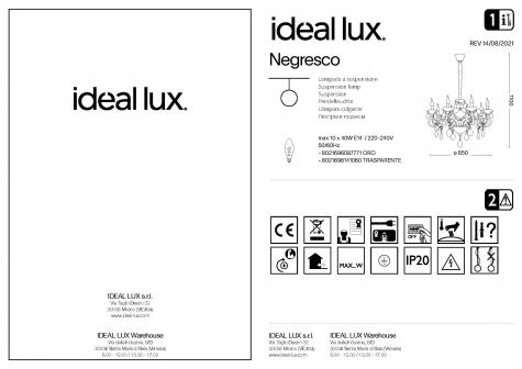 Светильник подвесной ideal lux Negresco SP10 макс.10x40Вт Е14 230В Золото Хрусталь Без ламп 087771
