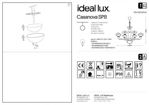 Светильник подвесной Ideal Lux Casanova SP8 макс.8x40Вт Е14 230В Белый/Хром Стекло Без ламп 094045