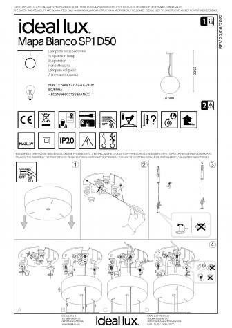 Светильник подвесной Ideal Lux Mapa SP D50 макс.60Вт Е27 IP20 230В Белый Стекло Без ламп 032122