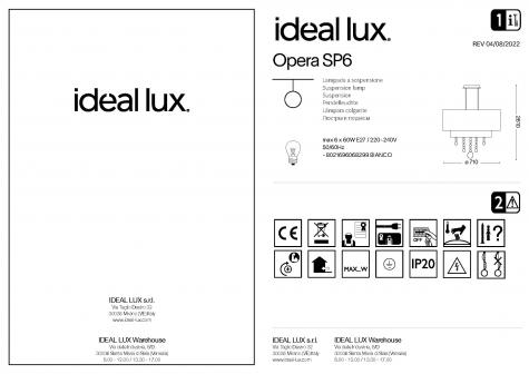 Светильник подвесной Ideal Lux Opera SP6 D71 макс.6x60Вт Е27 230В Хром Нити/Хрусталь Без ламп 068299