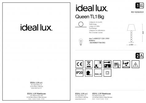 Светильник настольный Ideal lux Queen TL1 Big макс.1x60Вт e27 230В Золото Хрусталь/Ткань Выкл 077758