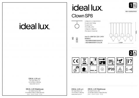 Светильник подвесной Ideal Lux Clown SP8 8x3Вт 8x370Лм 3000К G9 LED IP20 230В Белый Стекло 100883