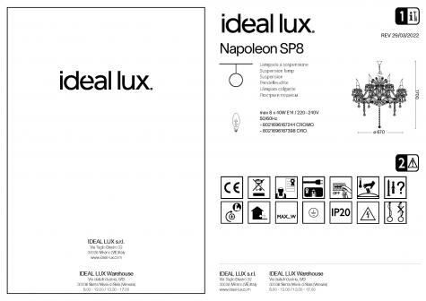 Люстра подвесная Ideal Lux Napoleon SP8 D67см макс.8x40Вт Е14 230В Золото Хрусталь Без Ламп 167398