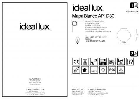 Светильник настенный Ideal lux Mapa AP1 D30см макс.60Вт E27 IP20 230В Белый Стекло Без ламп 059822