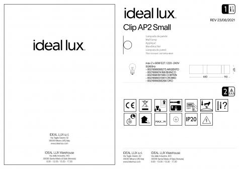 Светильник настенный ideal lux Clip AP2 Small макс.2x60Вт IP20 e27 230В СереброМеталл БезЛамп 088273