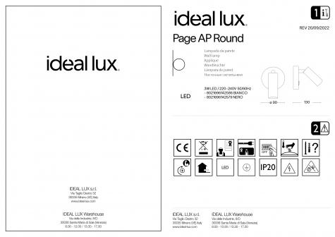 Светильник настенный ideal lux Page AP Round 3Вт 145Лм 3000К IP20 LED 230В Белый Металл Выкл 142586