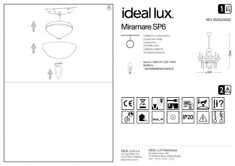 Светильник подвесной Ideal Lux Miramare SP6 макс.6x40Вт Е14 IP20 230В Белый Стекло Без ламп 068183