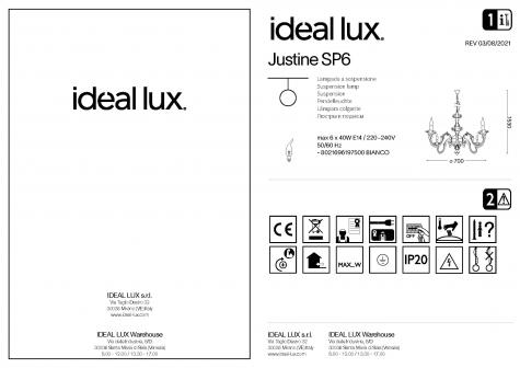 Светильник подвесной ideal lux Justine SP6 макс.6x40Вт IP20 Е14 230В Металл Белый Без ламп 197500