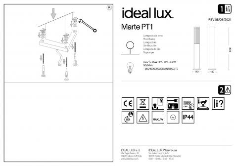 Светильник садово-парковый ideal lux Marte PT1 макс.1х25Вт IP44 E27 230В Антрацит Без ламп 092225