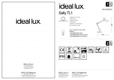 Светильник настольный ideal lux Sally TL1 макс.42Вт IP20 e27 230В Черный Металл Выкл Без ламп 265285