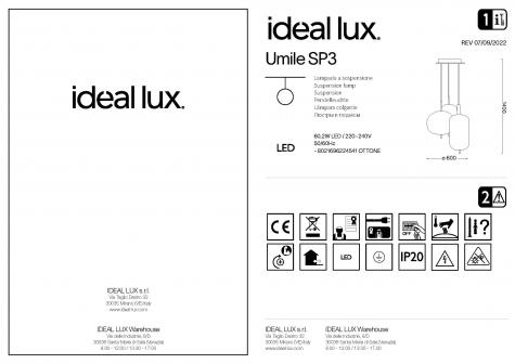 Светильник подвесной ideal lux Umile SP3 D60 60.2Вт 5300Лм 3000К LED 230В Стекло Золото/Белый 224541