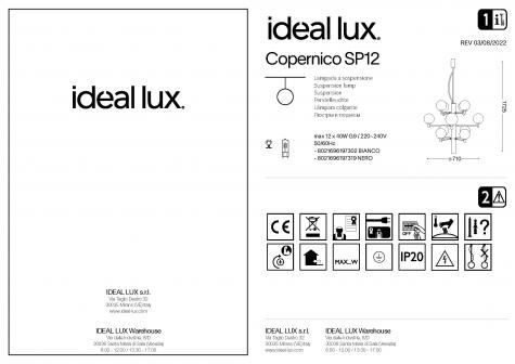 Светильник подвесной ideal lux Copernico SP12 макс.12х40Вт IP20 G9 230В Белый/Латунь Стекло 197302