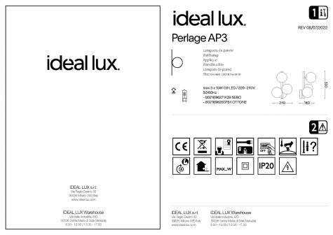 Светильник настенный ideal lux Perlage AP3 макс.3х15Вт IP20 G9 230В Латунь/Белый МеталлСтекло 283784