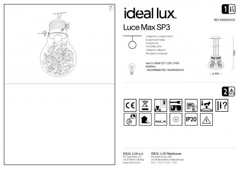 Светильник подвесной Ideal Lux Luce Max SP3 D32 макс.3x60Вт Е27 230В Прозрачный/Хром Без ламп 081762