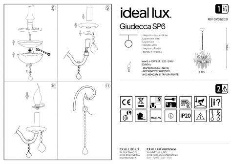 Светильник подвесной ideal lux Giudecca SP6 макс6х40Вт Е14 230В Черный/Хром Хрусталь Без ламп 032504