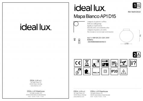 Светильник настенный Ideal lux Mapa AP1 D15 3Вт 370Лм 3000К G9 LED IP20 230В Белый Стекло 059808
